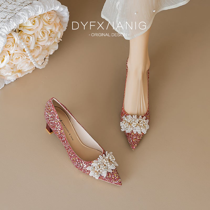 Red Bride Shoes Autumn New Fashion Show Heeled Wedding Shoes Temperament Pointed Shallow Not Tired Feet Small Thick Heeled - Image 2